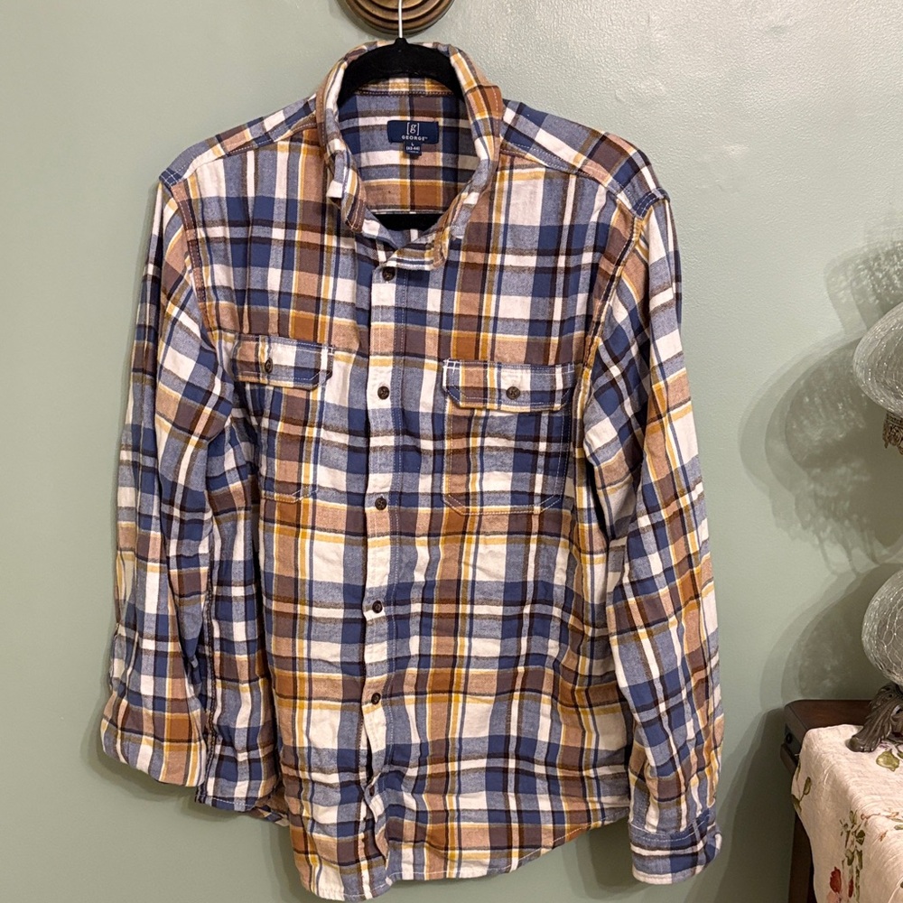 George Men’s Plaid Button Down Shirt Large Blue Brown Flannel Casual